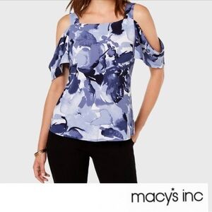INC Blue Floral Cold Shoulder Blouse